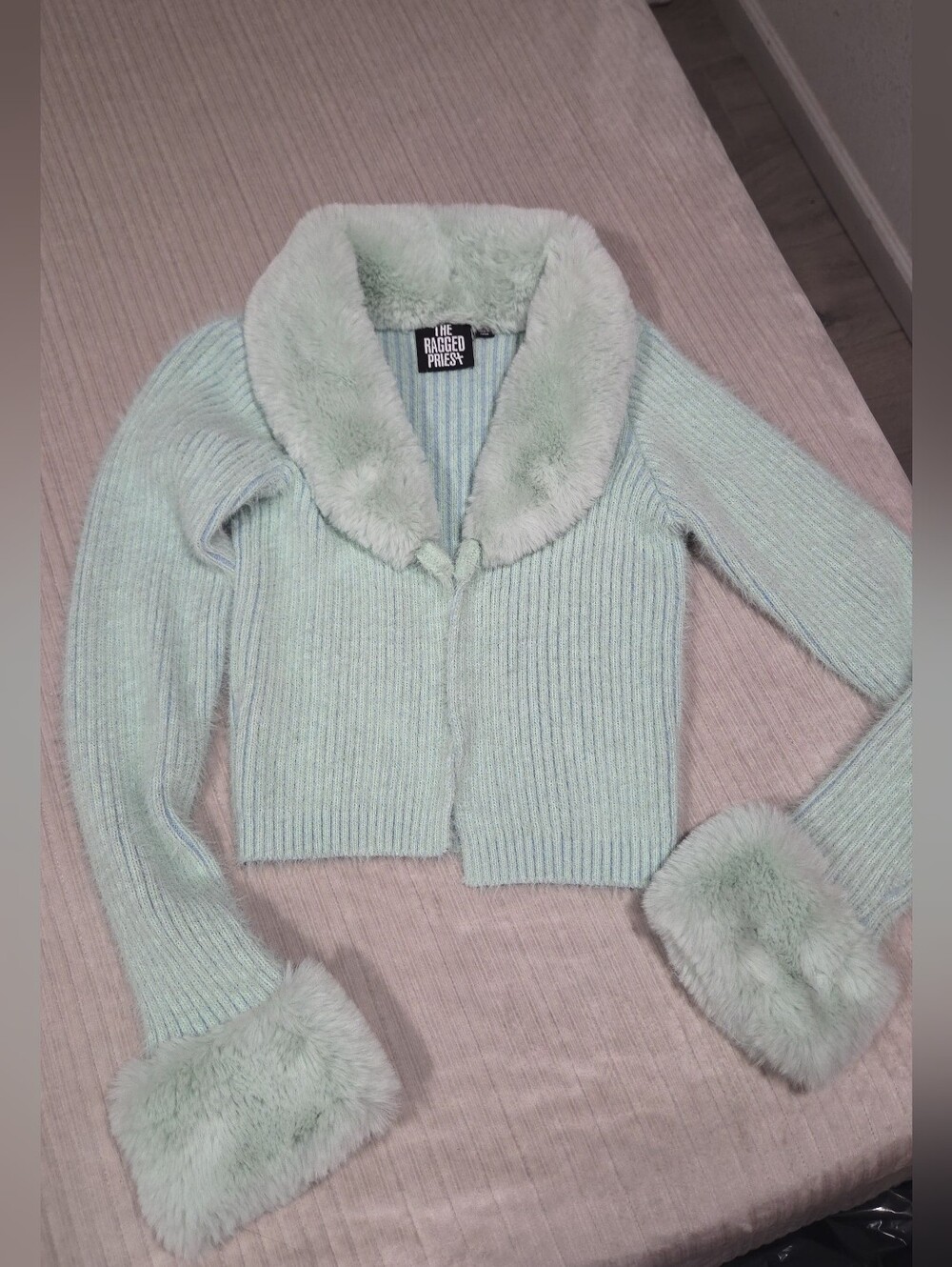The Ragged Priest Women's Mint Faux-Fur Trim Ribbed Sweater